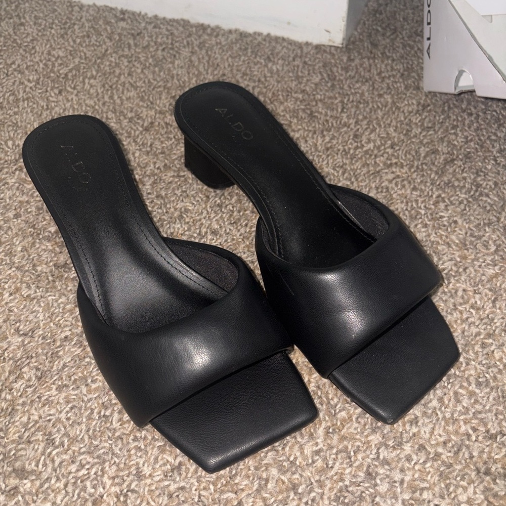Aldo Black Leather Square-Front Slide Mules